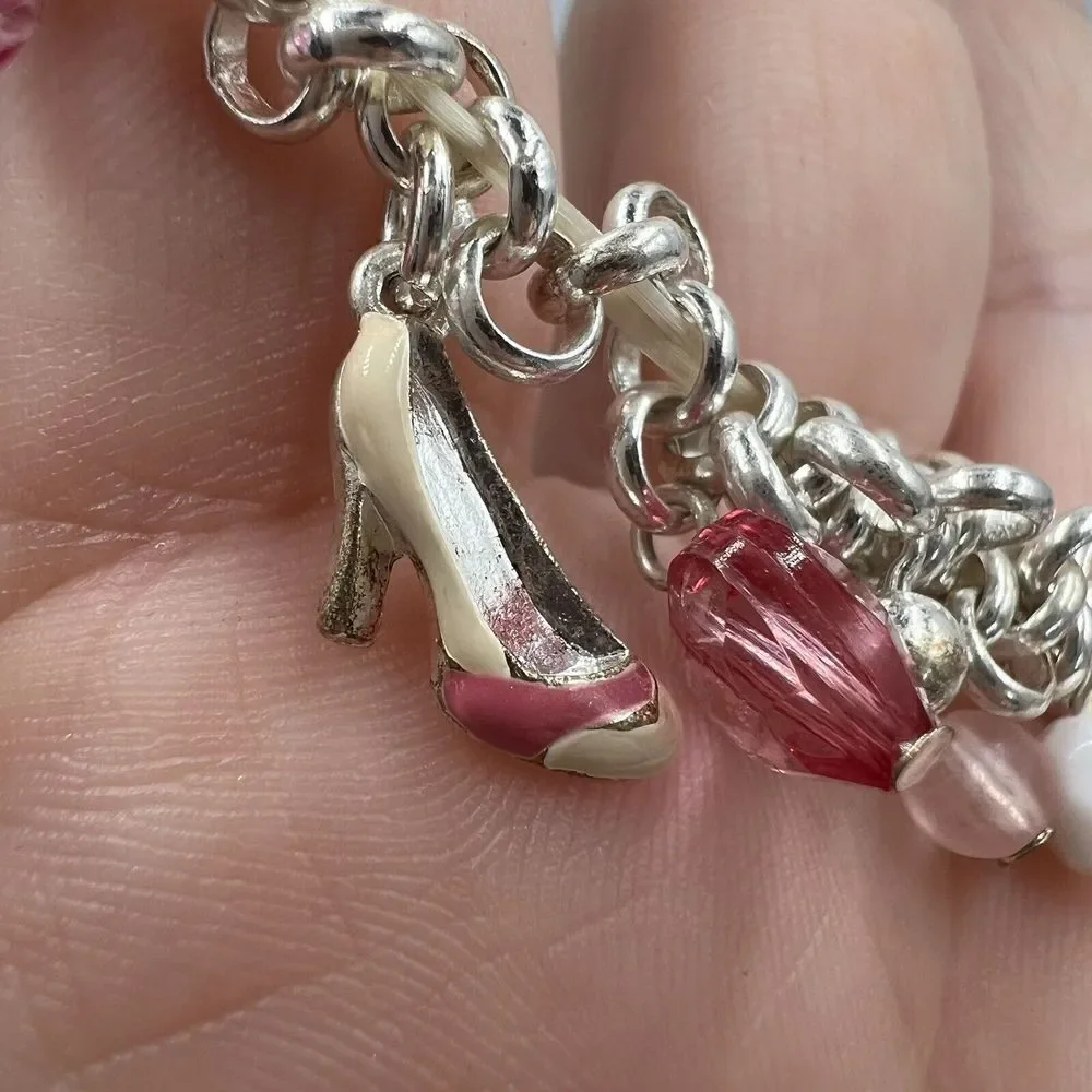 Silvertone Pink Purse, Heels, Lipstick Charm Bracelet